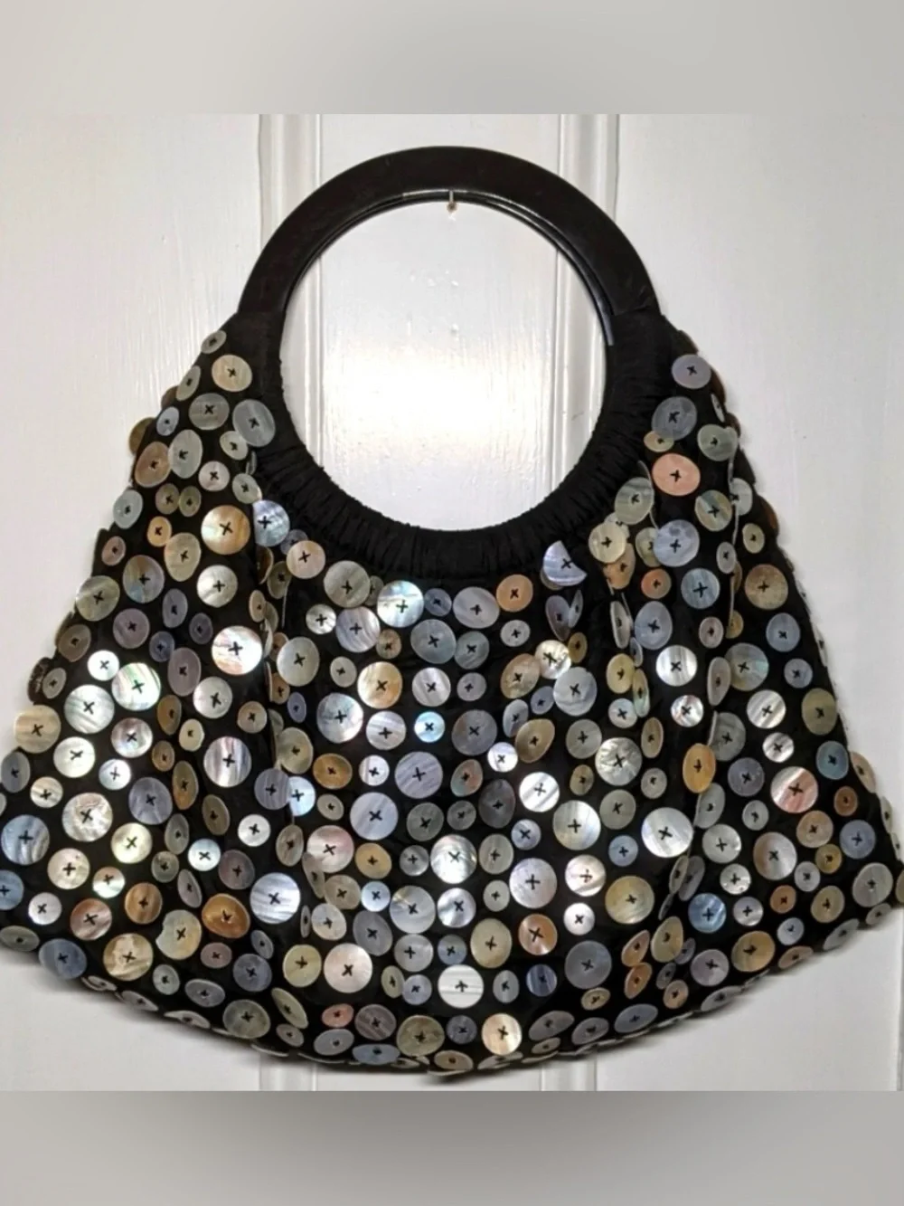 Wisteria Bag w Lucite round handles, Mother of Pearl Shell Buttons Satin Lining